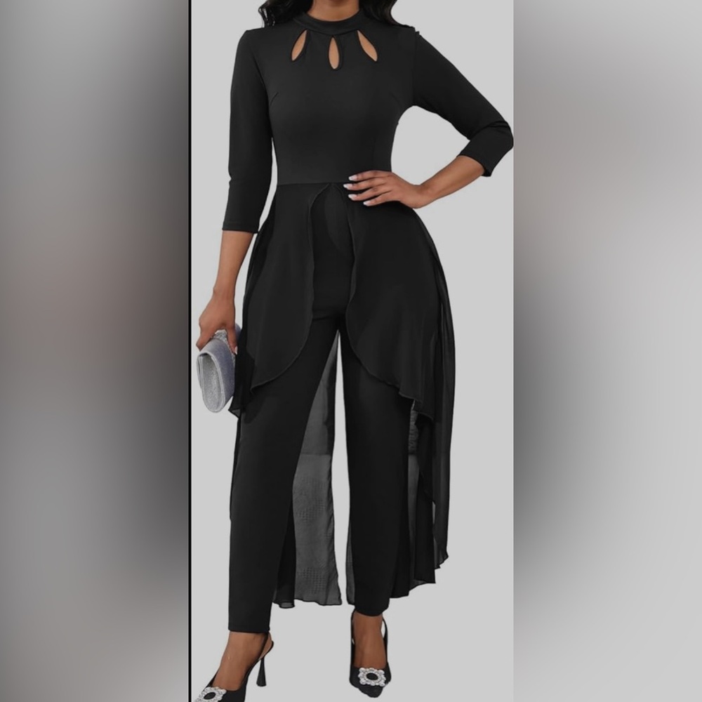 NWOT VisiChenup Jumpsuit Eyehole Mock Neck Long Sleeve Chiffon Overlay with Pant